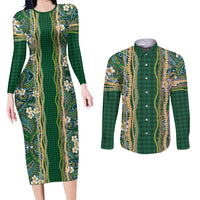 Hawaiian Art Flower Tribal with Lei Couples Matching Long Sleeve Bodycon Dress and Long Sleeve Button Shirt Palaka Pattern Green Color - Polynesian Pride