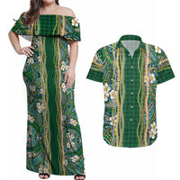 Hawaiian Art Flower Tribal with Lei Couples Matching Off Shoulder Maxi Dress and Hawaiian Shirt Palaka Pattern Green Color - Polynesian Pride