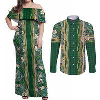 Hawaiian Art Flower Tribal with Lei Couples Matching Off Shoulder Maxi Dress and Long Sleeve Button Shirt Palaka Pattern Green Color - Polynesian Pride