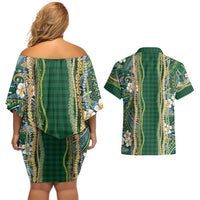 Hawaiian Art Flower Tribal with Lei Couples Matching Off Shoulder Short Dress and Hawaiian Shirt Palaka Pattern Green Color - Polynesian Pride