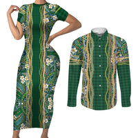Hawaiian Art Flower Tribal with Lei Couples Matching Short Sleeve Bodycon Dress and Long Sleeve Button Shirt Palaka Pattern Green Color - Polynesian Pride