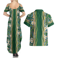 Hawaiian Art Flower Tribal with Lei Couples Matching Summer Maxi Dress and Hawaiian Shirt Palaka Pattern Green Color - Polynesian Pride