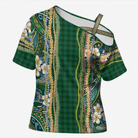 Hawaiian Art Flower Tribal with Lei Cross Shoulder Shirt Palaka Pattern Green Color LT03 Female Green - Polynesian Pride