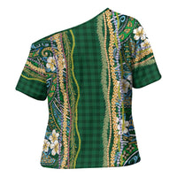 Hawaiian Art Flower Tribal with Lei Cross Shoulder Shirt Palaka Pattern Green Color LT03 - Polynesian Pride