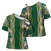 Hawaiian Art Flower Tribal with Lei Cross Shoulder Shirt Palaka Pattern Green Color LT03 - Polynesian Pride