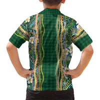 Hawaiian Art Flower Tribal with Lei Family Matching Mermaid Dress and Hawaiian Shirt Palaka Pattern Green Color - Polynesian Pride