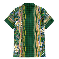 Hawaiian Art Flower Tribal with Lei Family Matching Mermaid Dress and Hawaiian Shirt Palaka Pattern Green Color - Polynesian Pride