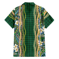 Hawaiian Art Flower Tribal with Lei Family Matching Mermaid Dress and Hawaiian Shirt Palaka Pattern Green Color - Polynesian Pride