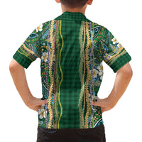 Hawaiian Art Flower Tribal with Lei Family Matching Off The Shoulder Long Sleeve Dress and Hawaiian Shirt Palaka Pattern Green Color - Polynesian Pride