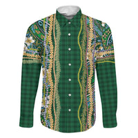 Hawaiian Art Flower Tribal with Lei Family Matching Off The Shoulder Long Sleeve Dress and Hawaiian Shirt Palaka Pattern Green Color - Polynesian Pride
