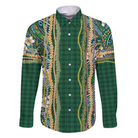 Hawaiian Art Flower Tribal with Lei Family Matching Off The Shoulder Long Sleeve Dress and Hawaiian Shirt Palaka Pattern Green Color - Polynesian Pride