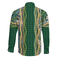 Hawaiian Art Flower Tribal with Lei Family Matching Off The Shoulder Long Sleeve Dress and Hawaiian Shirt Palaka Pattern Green Color - Polynesian Pride