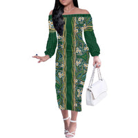 Hawaiian Art Flower Tribal with Lei Family Matching Off The Shoulder Long Sleeve Dress and Hawaiian Shirt Palaka Pattern Green Color - Polynesian Pride