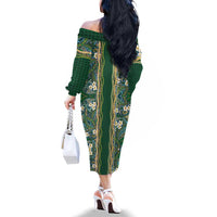 Hawaiian Art Flower Tribal with Lei Family Matching Off The Shoulder Long Sleeve Dress and Hawaiian Shirt Palaka Pattern Green Color - Polynesian Pride