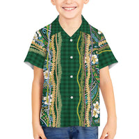 Hawaiian Art Flower Tribal with Lei Family Matching Off The Shoulder Long Sleeve Dress and Hawaiian Shirt Palaka Pattern Green Color - Polynesian Pride