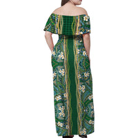 Hawaiian Art Flower Tribal with Lei Family Matching Off Shoulder Maxi Dress and Hawaiian Shirt Palaka Pattern Green Color - Polynesian Pride