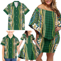 Hawaiian Art Flower Tribal with Lei Family Matching Off Shoulder Short Dress and Hawaiian Shirt Palaka Pattern Green Color - Polynesian Pride