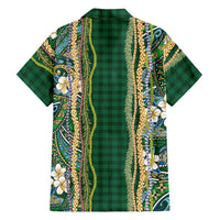 Hawaiian Art Flower Tribal with Lei Family Matching Off Shoulder Short Dress and Hawaiian Shirt Palaka Pattern Green Color - Polynesian Pride