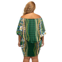 Hawaiian Art Flower Tribal with Lei Family Matching Off Shoulder Short Dress and Hawaiian Shirt Palaka Pattern Green Color - Polynesian Pride