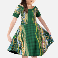 Hawaiian Art Flower Tribal with Lei Family Matching Short Sleeve Bodycon Dress and Hawaiian Shirt Palaka Pattern Green Color - Polynesian Pride