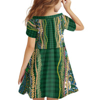 Hawaiian Art Flower Tribal with Lei Family Matching Short Sleeve Bodycon Dress and Hawaiian Shirt Palaka Pattern Green Color - Polynesian Pride