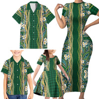 Hawaiian Art Flower Tribal with Lei Family Matching Short Sleeve Bodycon Dress and Hawaiian Shirt Palaka Pattern Green Color - Polynesian Pride