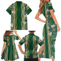 Hawaiian Art Flower Tribal with Lei Family Matching Short Sleeve Bodycon Dress and Hawaiian Shirt Palaka Pattern Green Color - Polynesian Pride