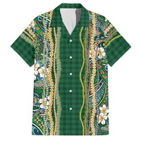 Hawaiian Art Flower Tribal with Lei Family Matching Short Sleeve Bodycon Dress and Hawaiian Shirt Palaka Pattern Green Color - Polynesian Pride