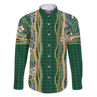 Hawaiian Art Flower Tribal with Lei Family Matching Short Sleeve Bodycon Dress and Hawaiian Shirt Palaka Pattern Green Color - Polynesian Pride