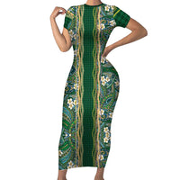 Hawaiian Art Flower Tribal with Lei Family Matching Short Sleeve Bodycon Dress and Hawaiian Shirt Palaka Pattern Green Color - Polynesian Pride