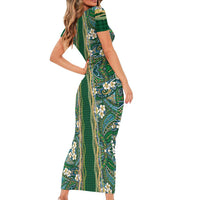 Hawaiian Art Flower Tribal with Lei Family Matching Short Sleeve Bodycon Dress and Hawaiian Shirt Palaka Pattern Green Color - Polynesian Pride
