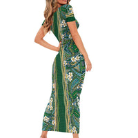 Hawaiian Art Flower Tribal with Lei Family Matching Short Sleeve Bodycon Dress and Hawaiian Shirt Palaka Pattern Green Color - Polynesian Pride