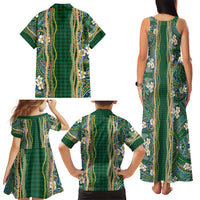Hawaiian Art Flower Tribal with Lei Family Matching Tank Maxi Dress and Hawaiian Shirt Palaka Pattern Green Color - Polynesian Pride