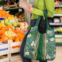 Hawaiian Art Flower Tribal with Lei Grocery Bag Palaka Pattern Green Color - Polynesian Pride