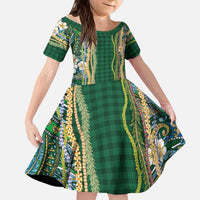 Hawaiian Art Flower Tribal with Lei Kid Short Sleeve Dress Palaka Pattern Green Color LT03 KID Green - Polynesian Pride