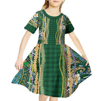 Hawaiian Art Flower Tribal with Lei Kid Short Sleeve Dress Palaka Pattern Green Color LT03 - Polynesian Pride