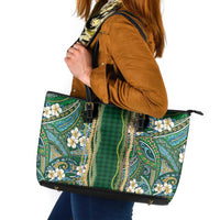 Hawaiian Art Flower Tribal with Lei Leather Tote Bag Palaka Pattern Green Color - Polynesian Pride