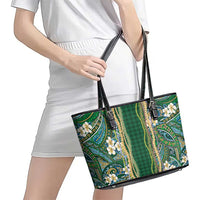 Hawaiian Art Flower Tribal with Lei Leather Tote Bag Palaka Pattern Green Color - Polynesian Pride