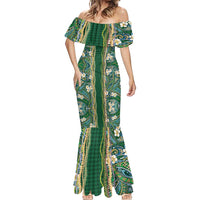 Hawaiian Art Flower Tribal with Lei Mermaid Dress Palaka Pattern Green Color - Polynesian Pride