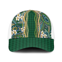 Hawaiian Art Flower Tribal with Lei Mesh Trucker Cap Palaka Pattern Green Color - Polynesian Pride
