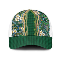 Hawaiian Art Flower Tribal with Lei Mesh Trucker Cap Palaka Pattern Green Color LT03 One Size White Green - Polynesian Pride