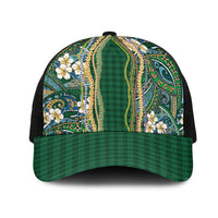 Hawaiian Art Flower Tribal with Lei Mesh Trucker Cap Palaka Pattern Green Color LT03 One Size Black Green - Polynesian Pride