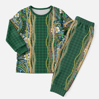 Hawaiian Art Flower Tribal with Lei Christmas Pajama Set Palaka Pattern Green Color - Polynesian Pride