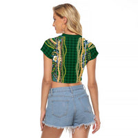 Hawaiian Art Flower Tribal with Lei Raglan Cropped T Shirt Palaka Pattern Green Color LT03 - Polynesian Pride