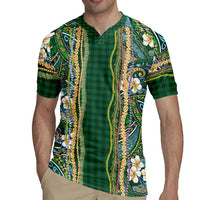 Hawaiian Art Flower Tribal with Lei Rugby Jersey Palaka Pattern Green Color LT03 - Polynesian Pride