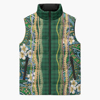 Hawaiian Art Flower Tribal with Lei Sleeveless Puffer Jacket Palaka Pattern Green Color LT03 Unisex Green - Polynesian Pride