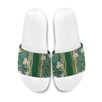 Hawaiian Art Flower Tribal with Lei Slide Sandals Palaka Pattern Green Color - Polynesian Pride