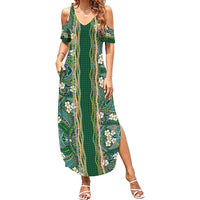 Hawaiian Art Flower Tribal with Lei Summer Maxi Dress Palaka Pattern Green Color - Polynesian Pride