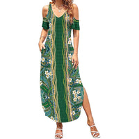 Hawaiian Art Flower Tribal with Lei Summer Maxi Dress Palaka Pattern Green Color LT03 Women Green - Polynesian Pride
