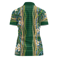 Hawaiian Art Flower Tribal with Lei Women Polo Shirt Palaka Pattern Green Color - Polynesian Pride
